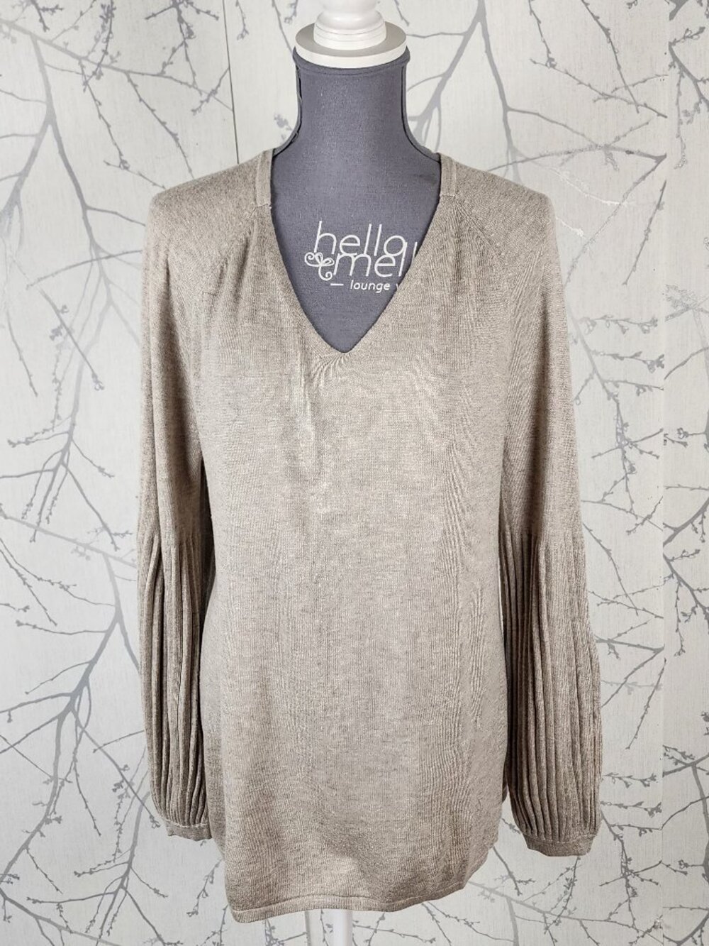 Style & Co Beige Knit V-Neck Ribbed Lantern Sleeve Top